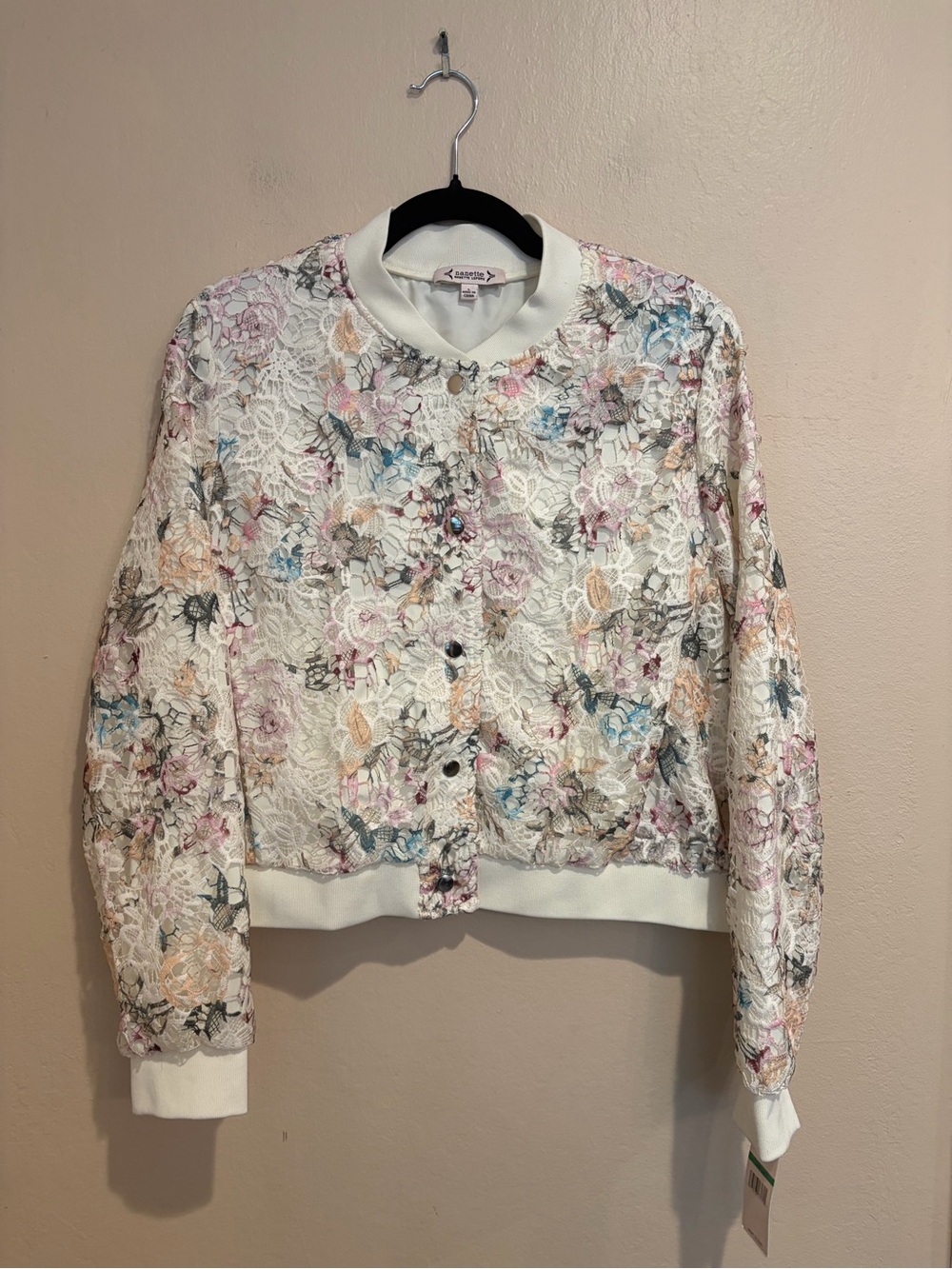 Vintage Floral Lace Bomber Jacket, Spring Pastel Colors, Ivory Base, NWT size L
